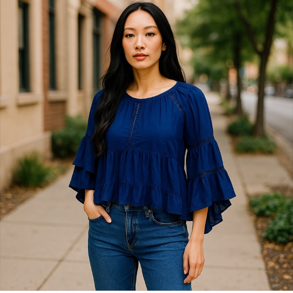 3/$25 Boho Navy Blue Fairy Whimsical Ruffle Flutter Sleeve Crop Top XS